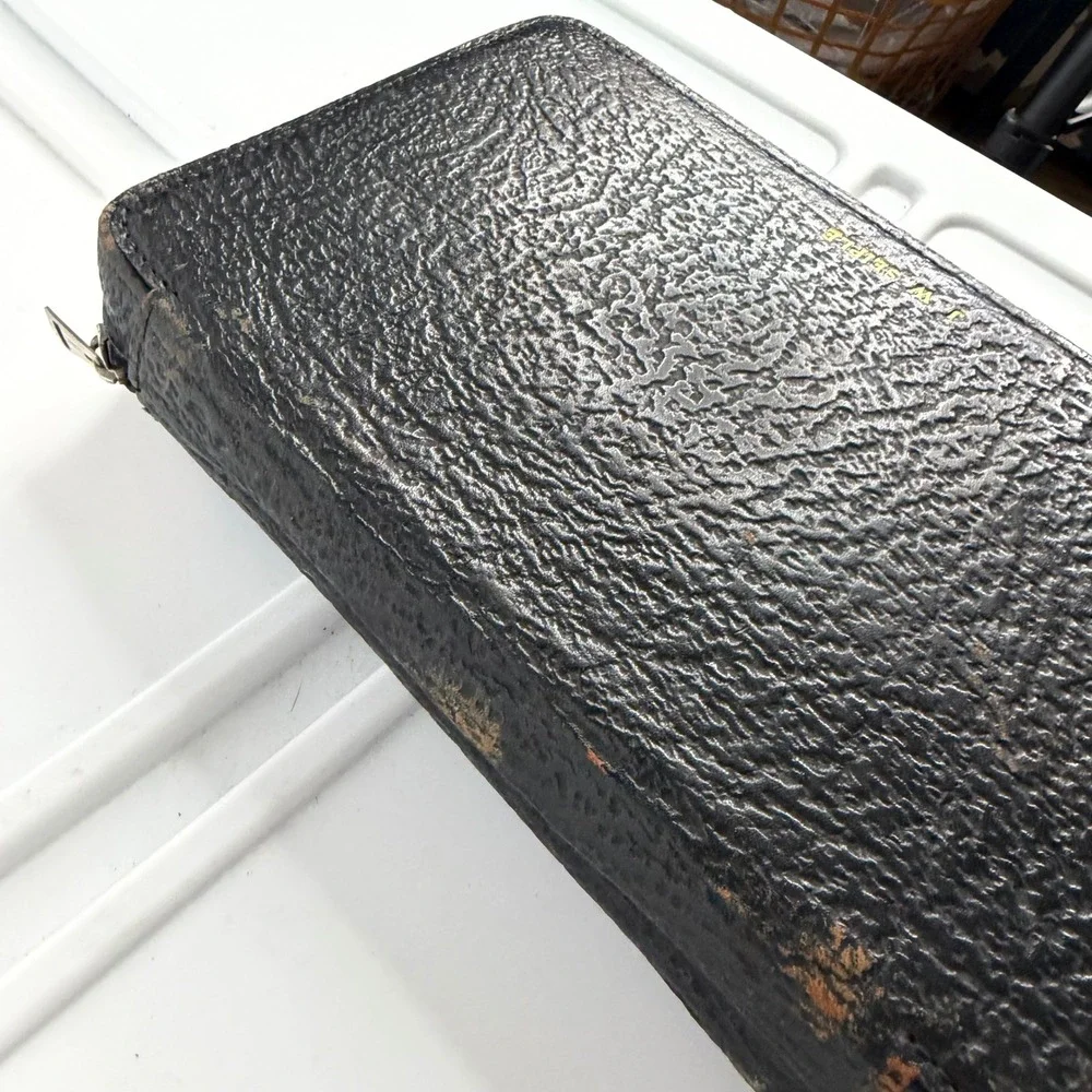 Vintage Mens Grooming Kit Black Leather Case Faux Wood Brushes Mirror J W Seiple